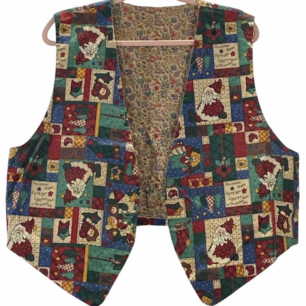 Handmade Reversible Christmas Vest Patchwork Floral Holiday Cottage